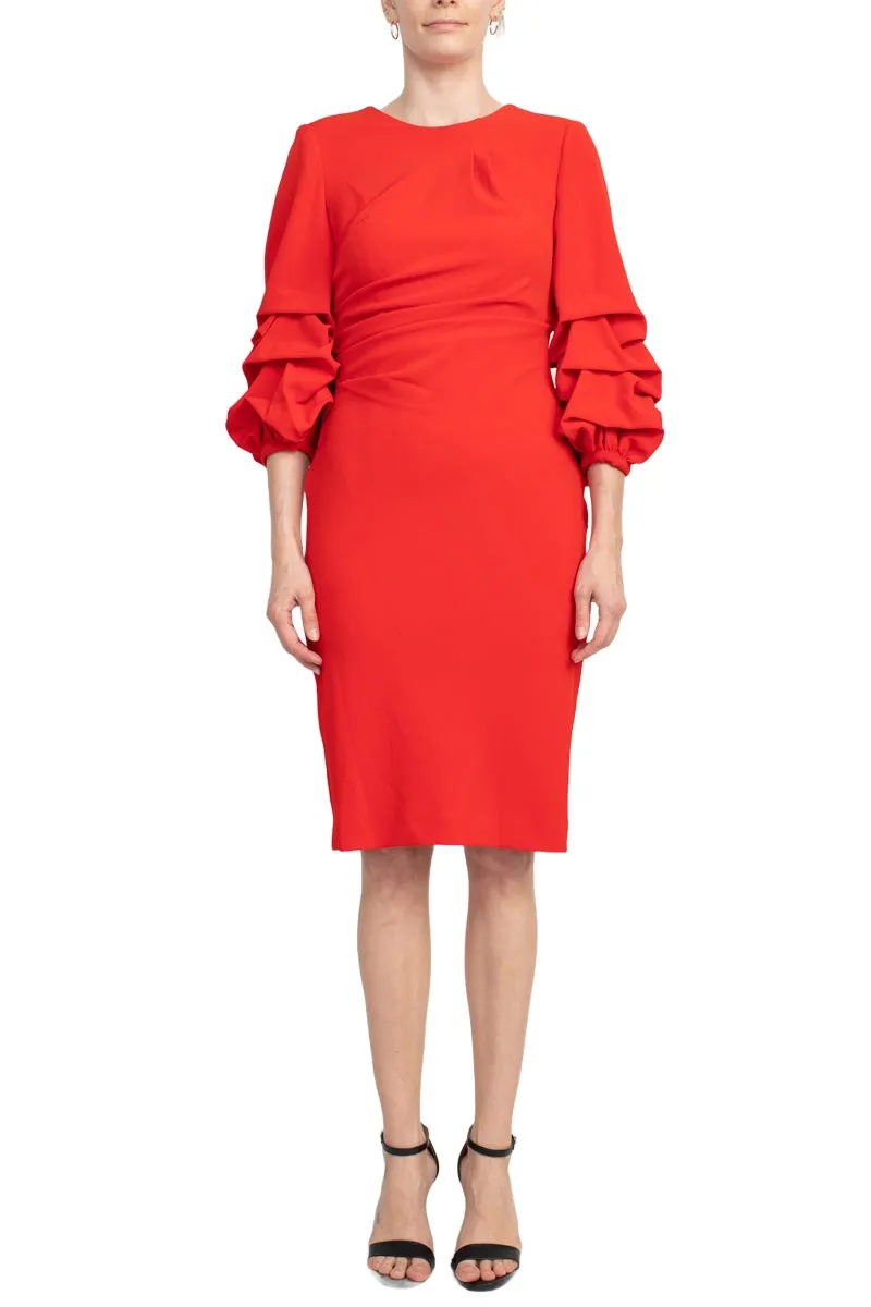 Alberto Makali Crew Neck Ruched 3/4 Sleeve Scoop Back Zipper Back Solid Crepe Dress