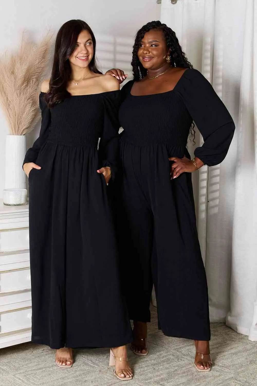 Black Square Neck Jumpsuit with Pockets