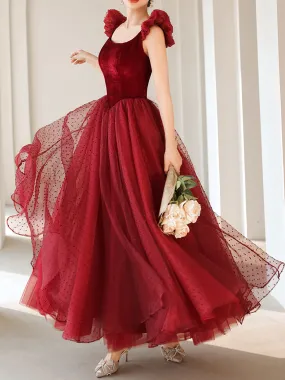 Burgundy Aline Tea Length Prom Dresses, Burgundy Formal Dress With Velvet