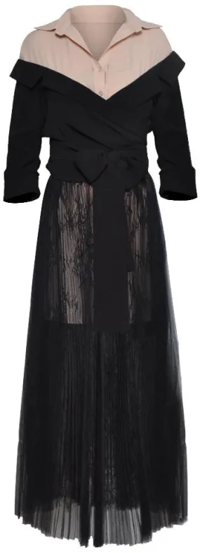Draped Wrap Tie-Waist Shirt and Lace Skirt Set