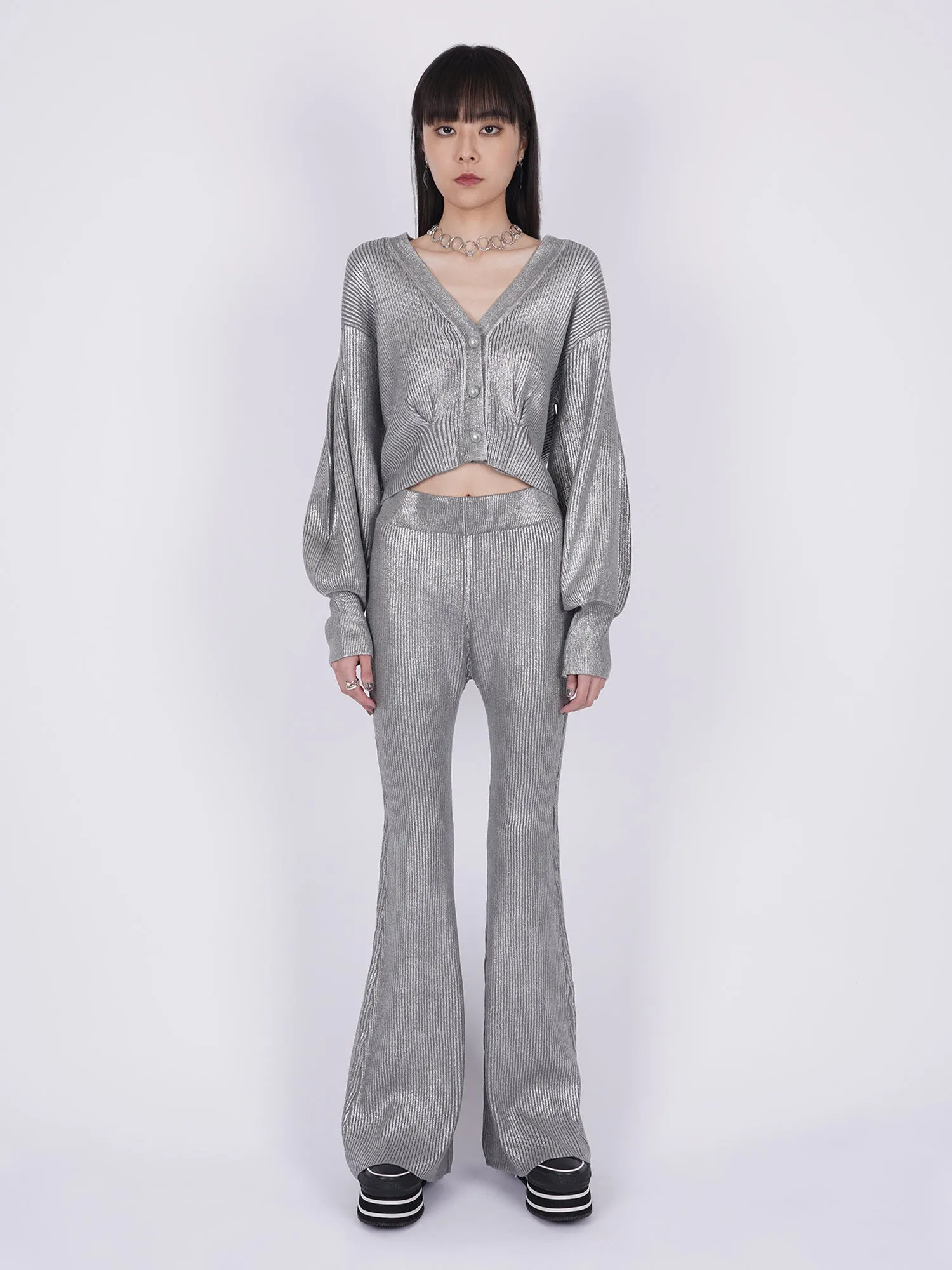 Foil Printed Flared Knit Pants