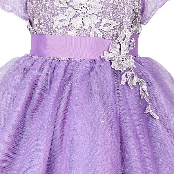 GIRLS BALL DRESS WITH FLORAL APPLIQUE - LILAC