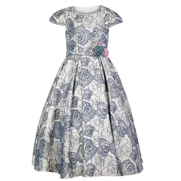 GIRLS FLORAL DAMASK DRESS - BLUE