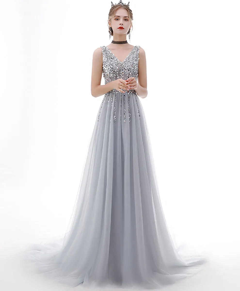 Gray V Neck Tulle Sequin Long Prom Dress Gray Tulle Formal Dress