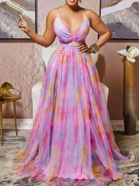 Halter V Neck High Slit Chiffon Dress