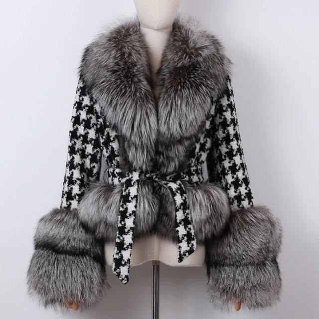 Natural Fox Fur Collar Sleeves Wool Jacket With Belt