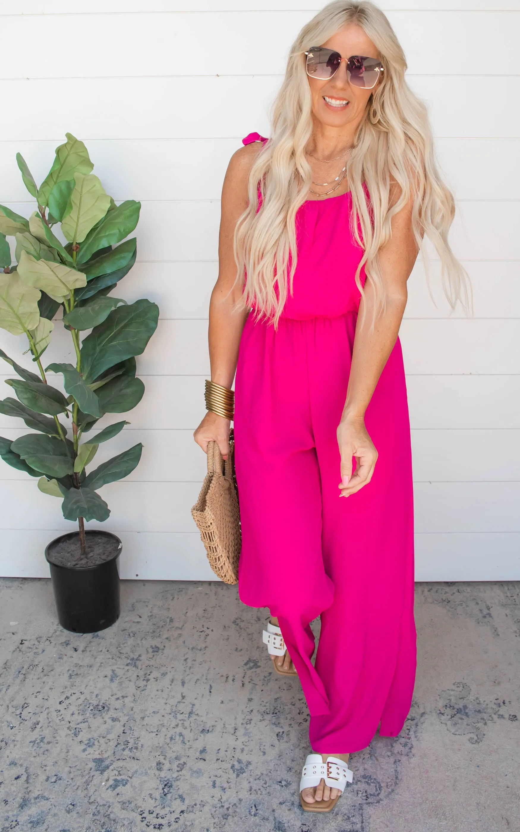 Textured Fuchsia Tie Shoulder Ruched Jumpsuit - Final Sale