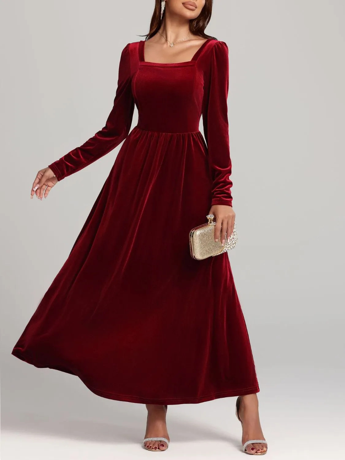 Velvet Square Neck Long Sleeve Dress | Winter Dress | Holiday Dress