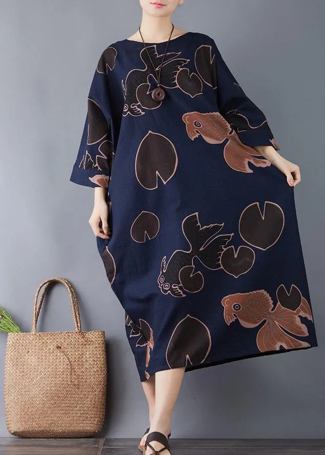 Vivid o neck pockets cotton navy print long Dresses summer