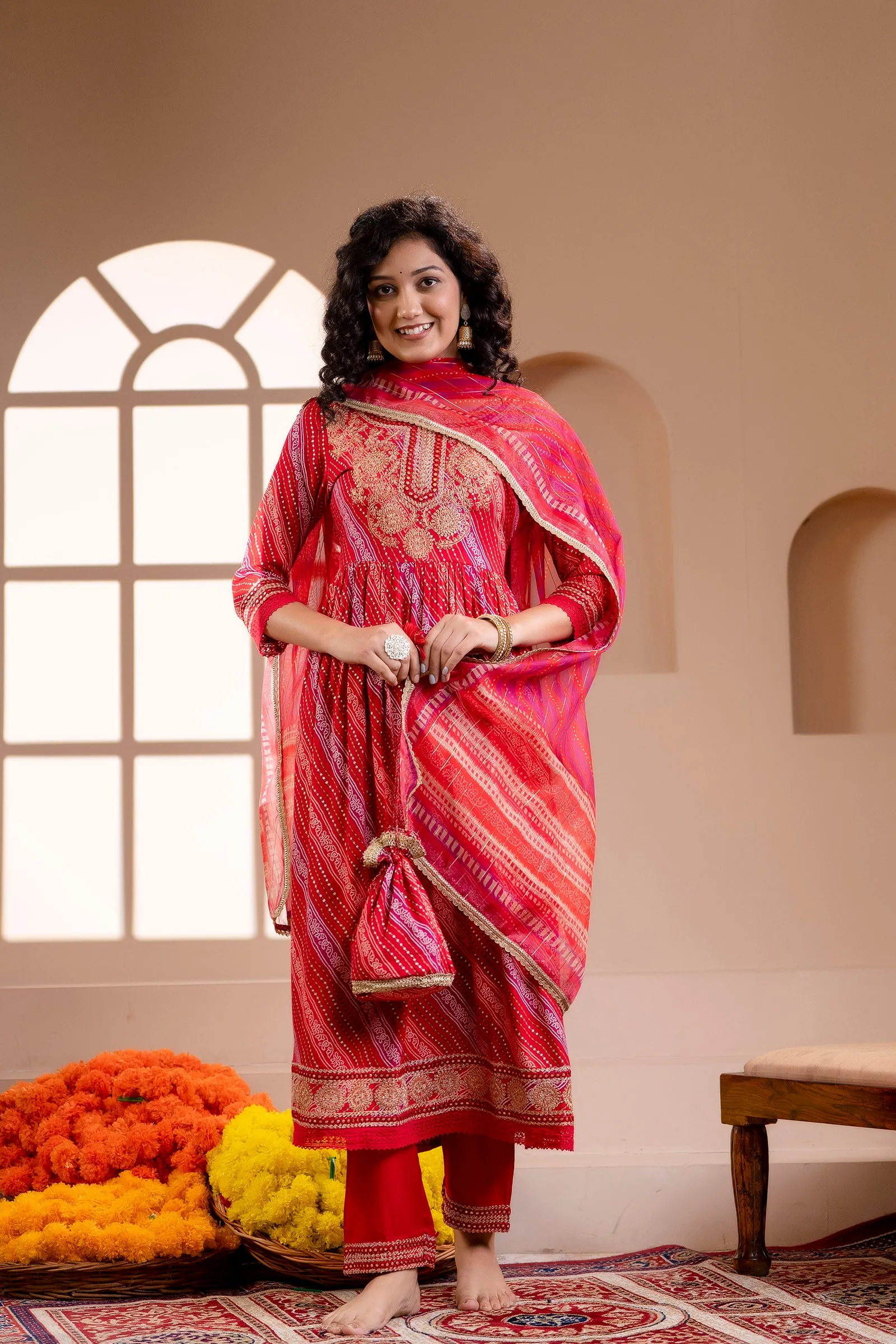 Women's Rayon Red Nyara Cut A-line Kurta, Pant and Dupatta With Fancy Potli Set